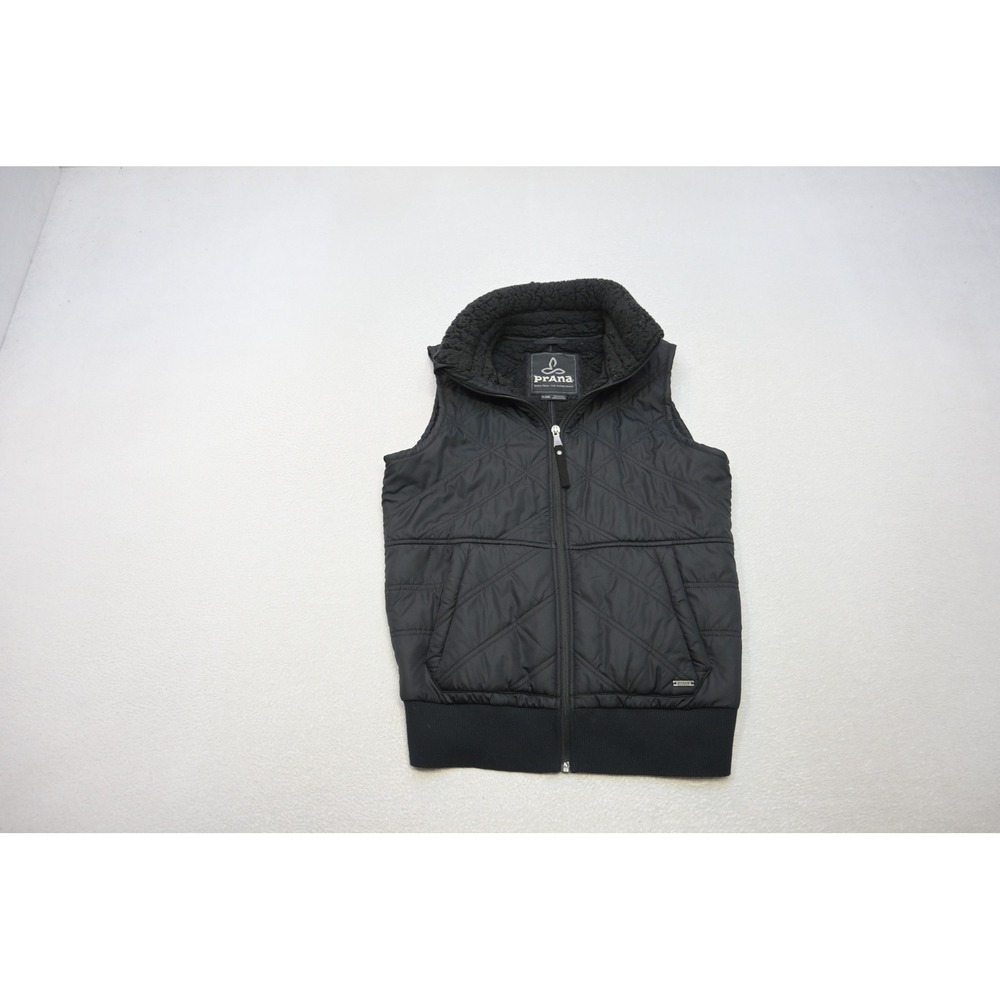 Prana Quilted‎ Vest Women XS Black Sherpa Collar Full Zip Ribbed Hem Excellent